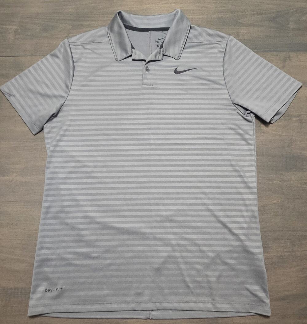 Nike Dri-Fit Men's Size Medium Gray Striped Polo Golf Shirt SS Button Collared